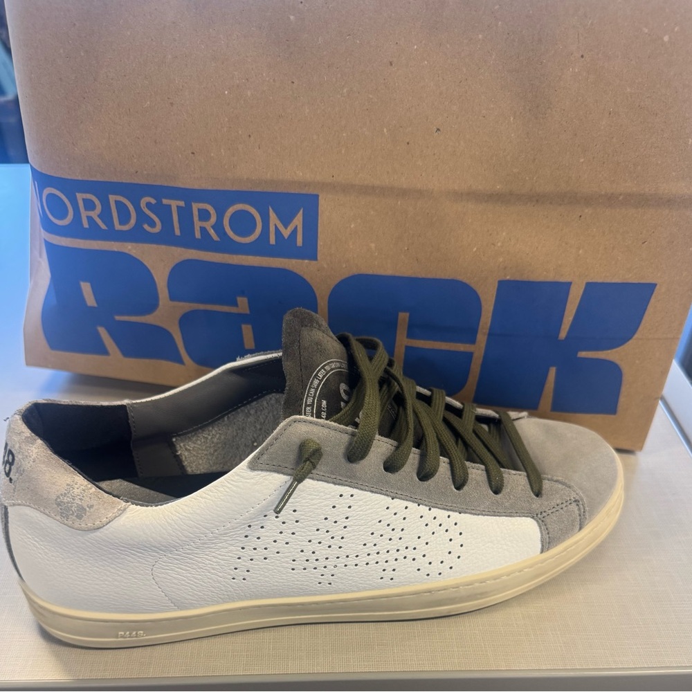 P448 Men's White and Gray Sneakers with Olive Accents NEW